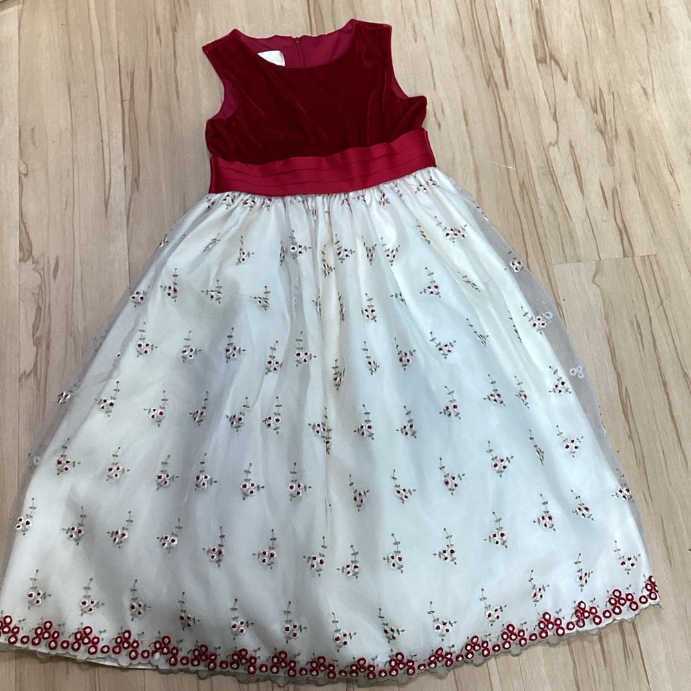 Cinderella‎ Red Velvet Sheer Ivory White Embroidered Holly Petticoat Bow Dress